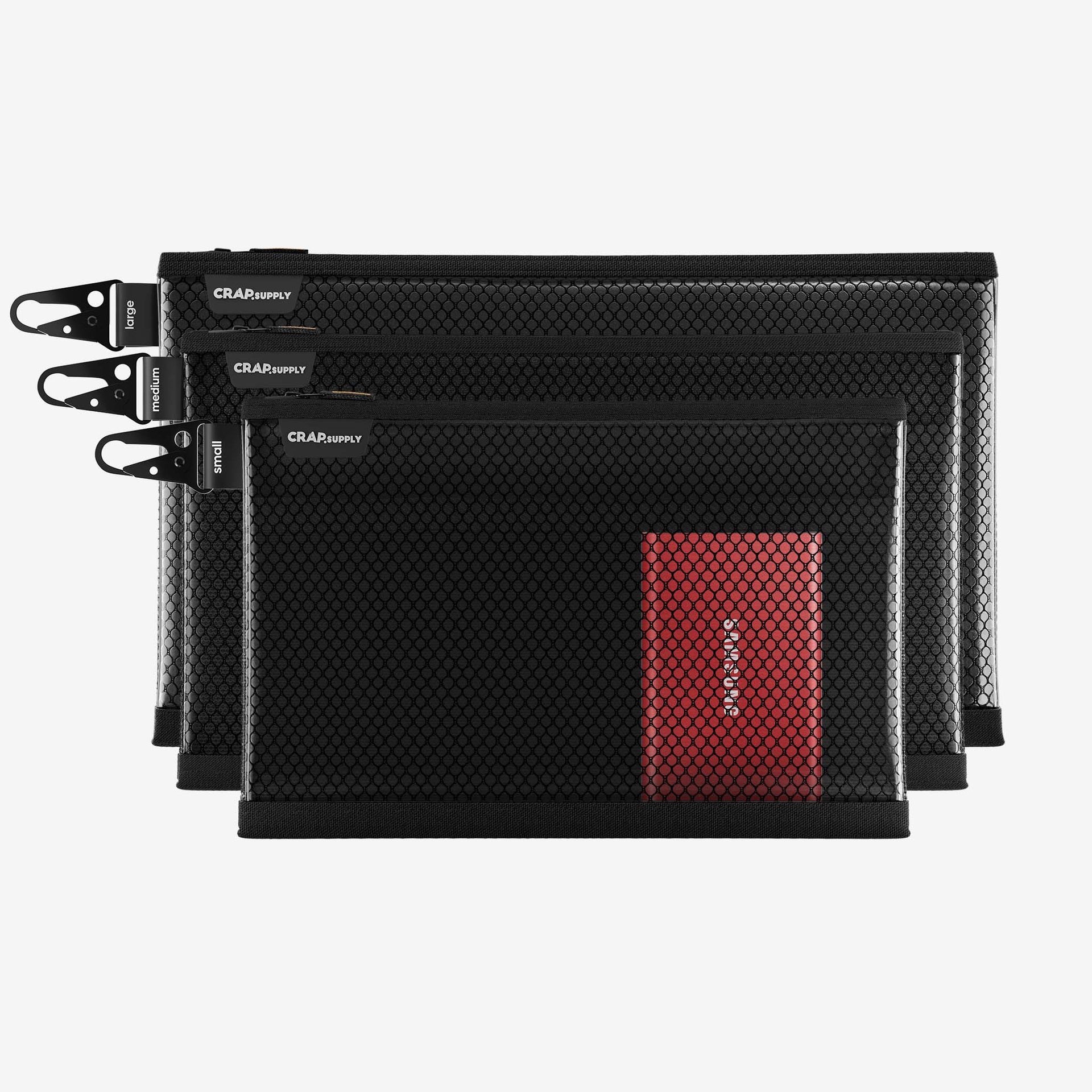 Three black mesh pouches in small, medium, and large sizes with zipper pulls for organized storage.