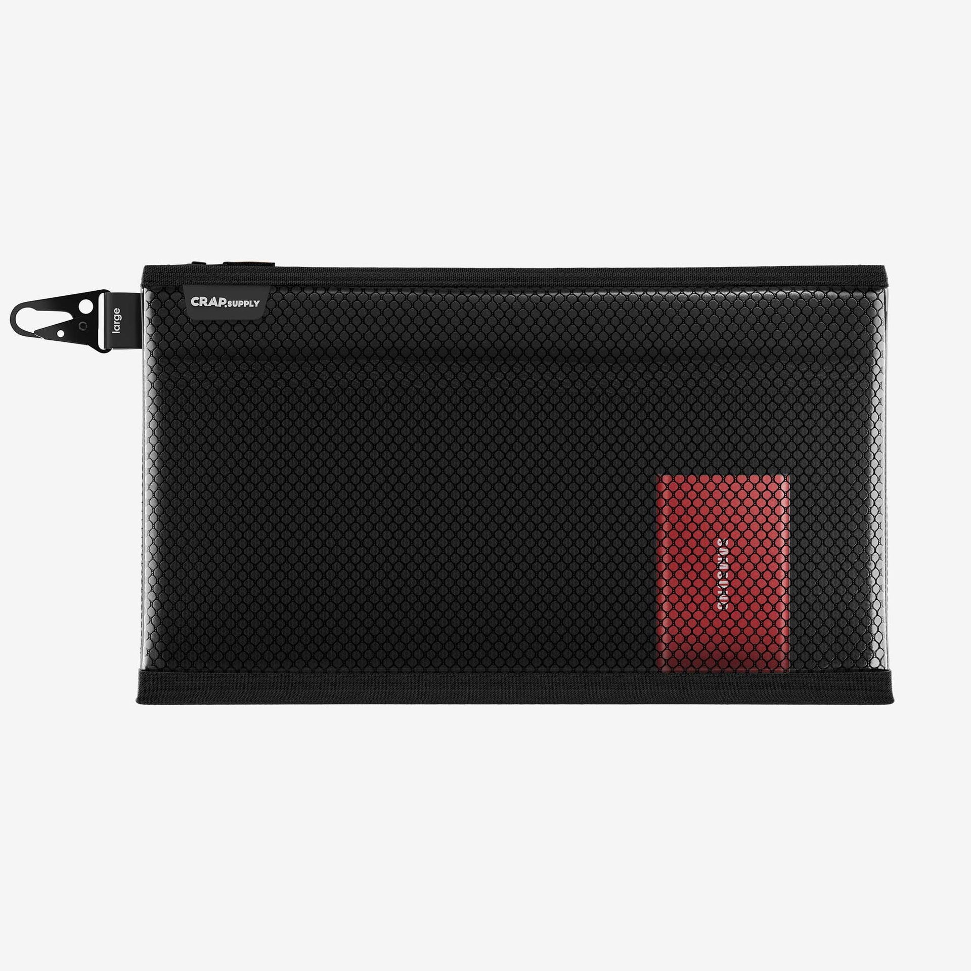 Large black mesh pouch with zipper and clip, designed to organize and carry larger gear like chargers and cameras.