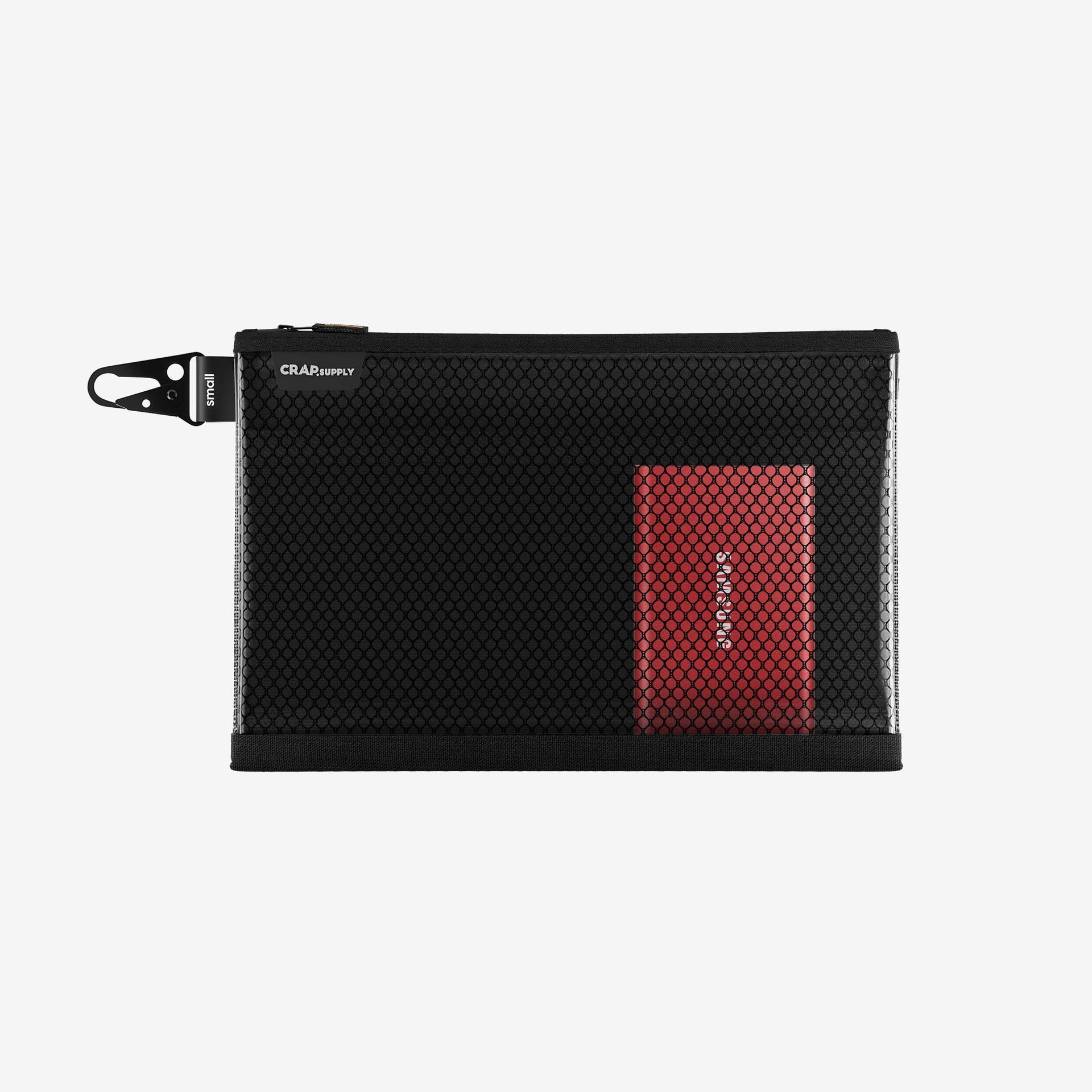 Small black minimalistic pouch with mesh front holding a red card, designed for filmmakers and photographers.