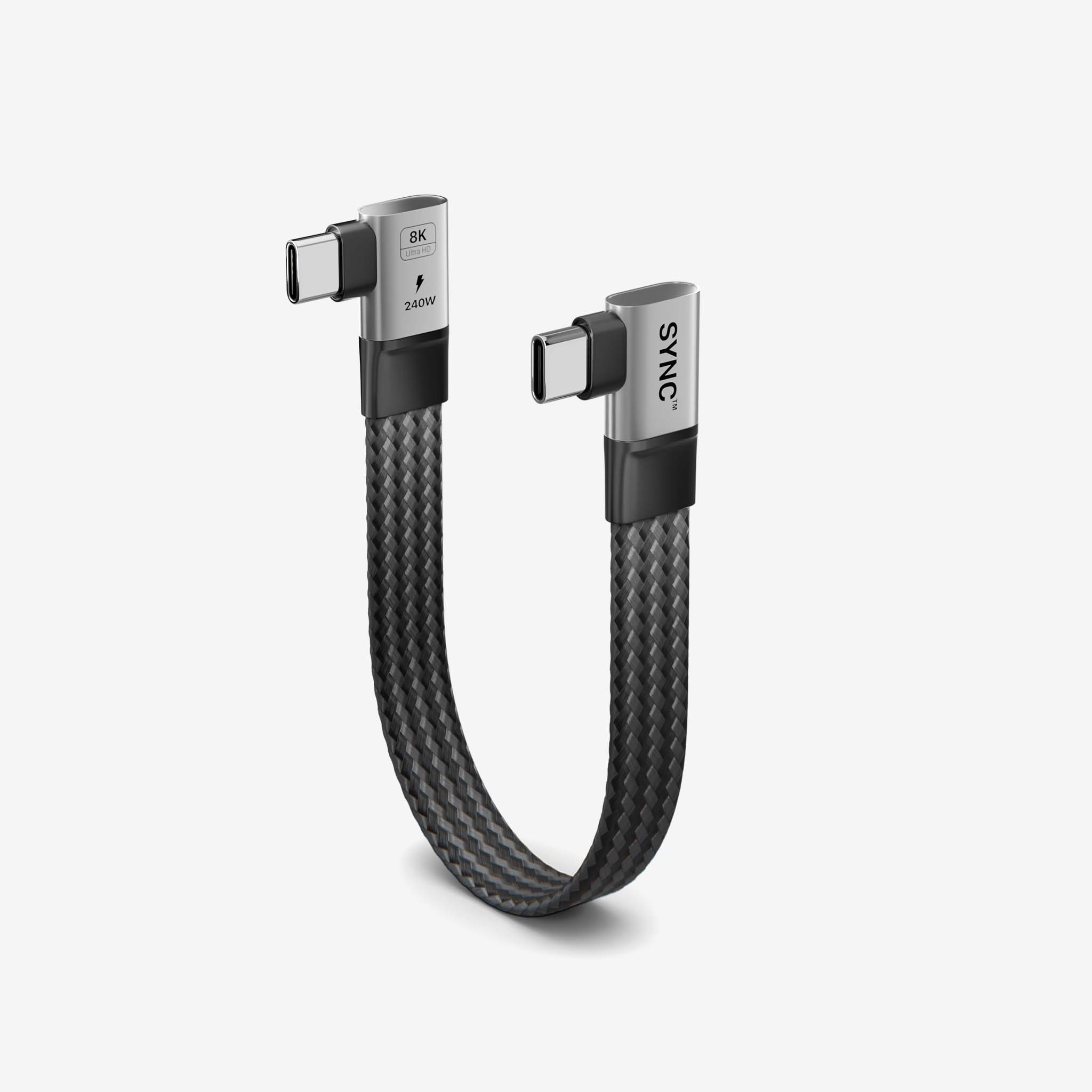 Short ultra-flexible USB-C 4.0 cable with braided finish and angled connectors for clean and efficient power and data transfer