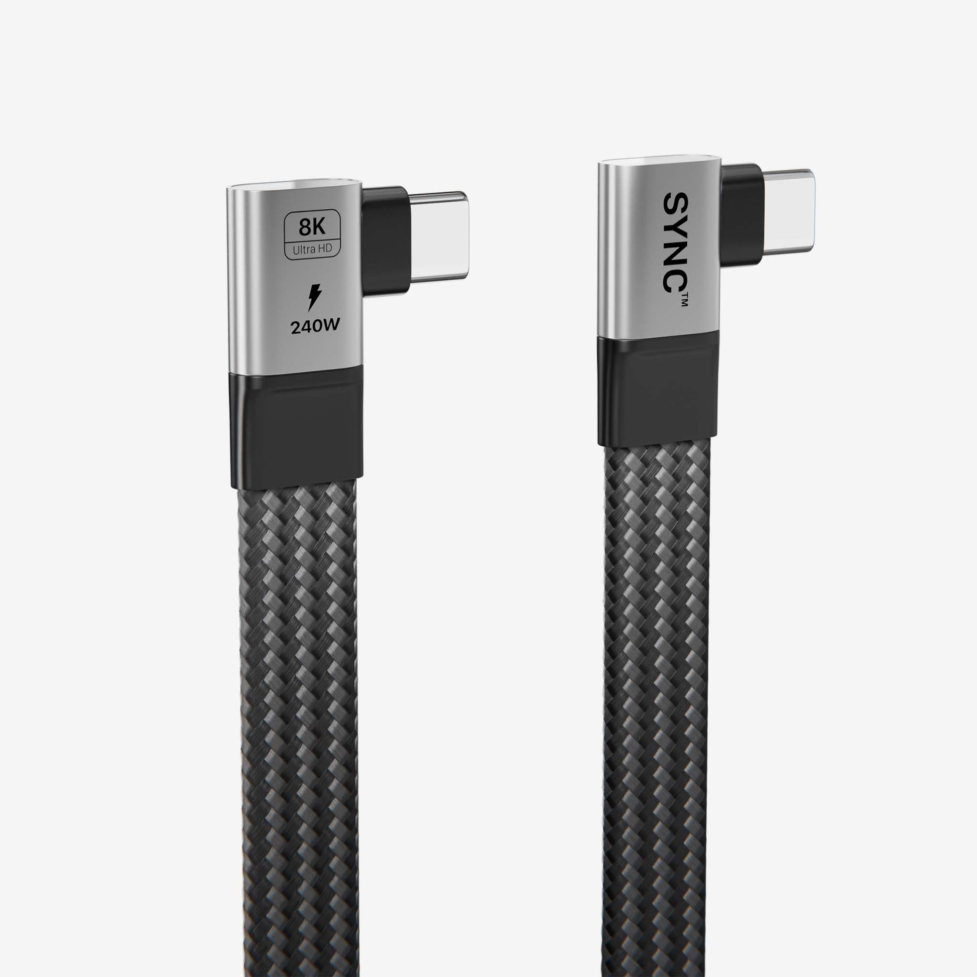 Close-up of SYNC™ USB-C 4.0 short data and power cable with braided texture and right-angle connectors.