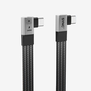 Close-up of SYNC™ USB-C 4.0 short data and power cable with braided texture and right-angle connectors.