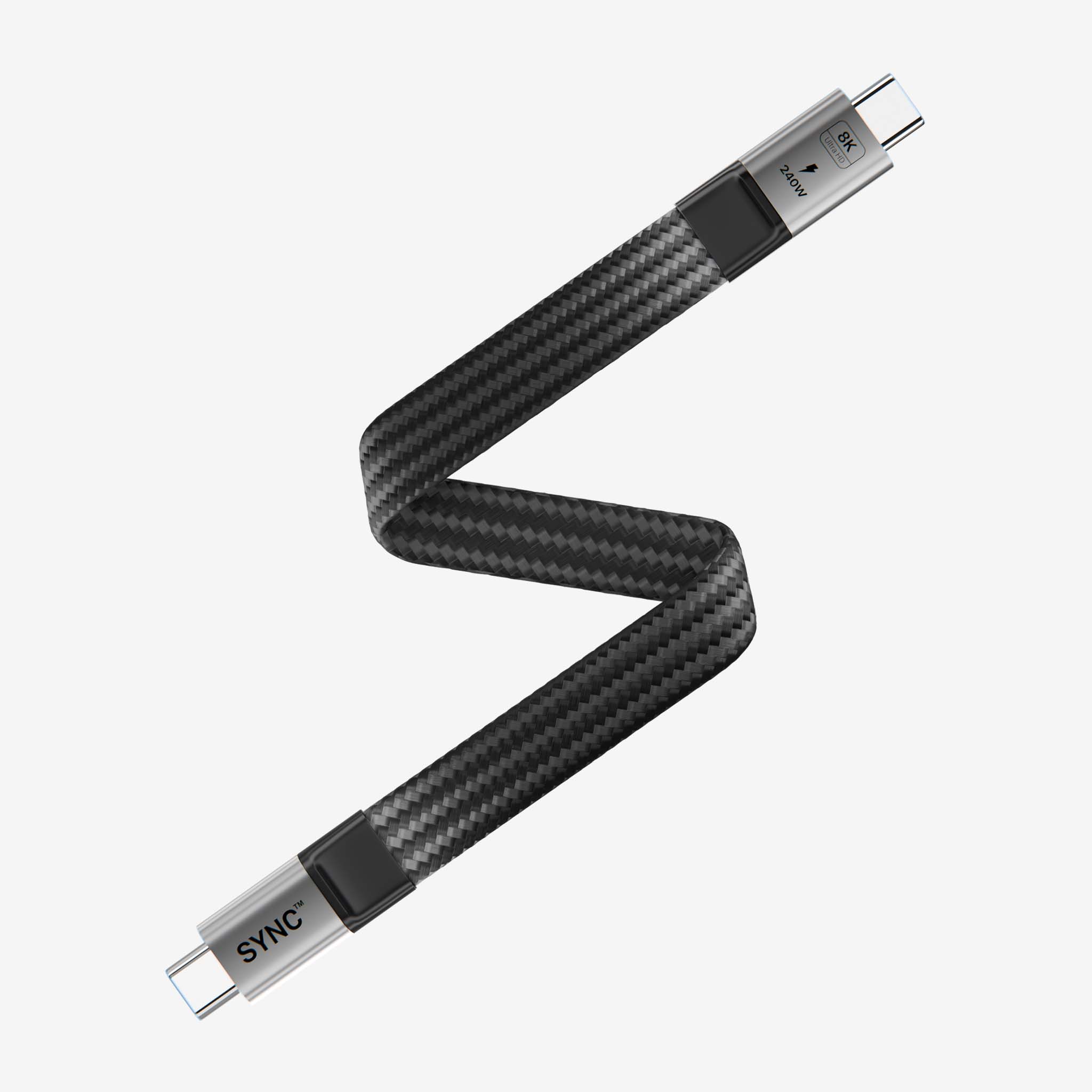 Flat black carbon fiber textured SYNC™ USB-C 4.0 short data and power cable with silver connector ends